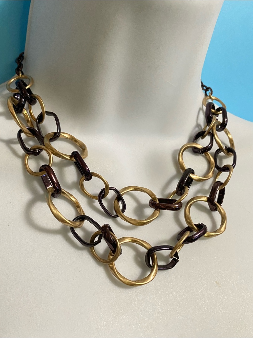 VERSONA Gold Tone & Dark Copper Metallic Double Strand Circle Links Necklace